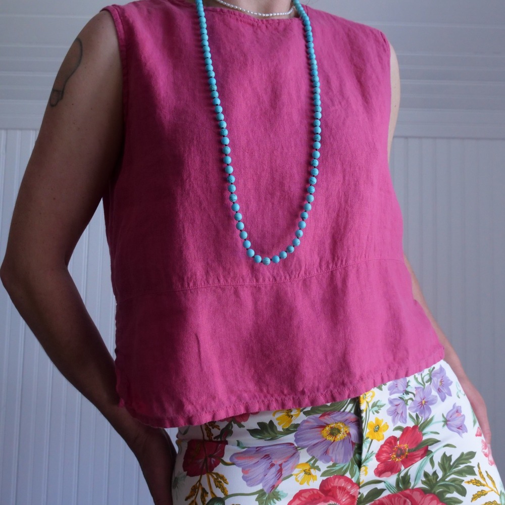 Vintage 1990s Bryn Walker bougainvillea pink linen boxy tanktop
